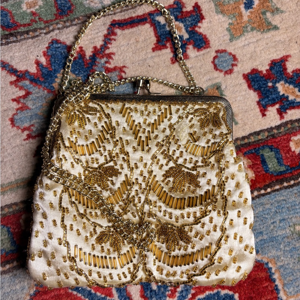 Elegant Gold and Cream Beaded Women's Bag